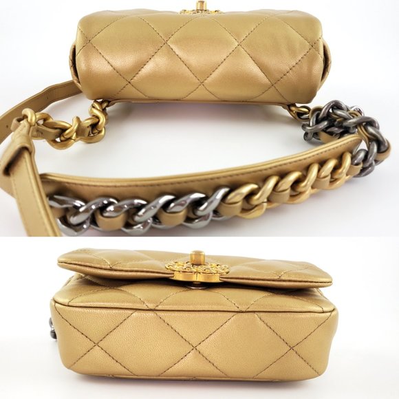 Sold on our website CHANEL 19 2020 Metallic Gold Goatskin Quilted Waist Belt Bag - Picture 8 of 13